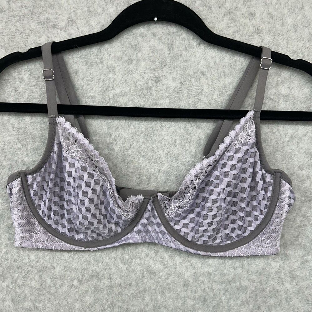 Adore Me 38D Bra Purple/Gray Plunge Underwire Back Closure Semi Sheer
